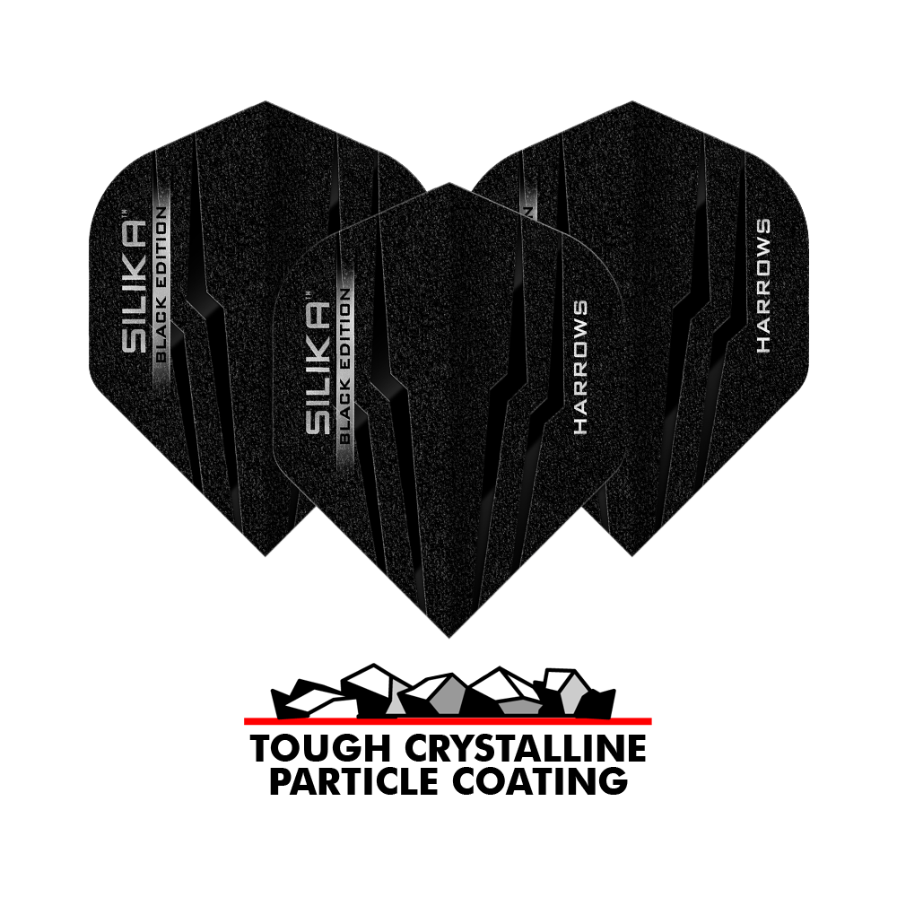 Harrows Silika Black Edition No2 Standard Flights Das Bild zeigt drei schwarze Harrows Silika Black-Edition No2 Standard Flights. Unten steht der Schriftzug „Tough Crystalline Particle Coating“ mit einer Grafik von Kristallen.