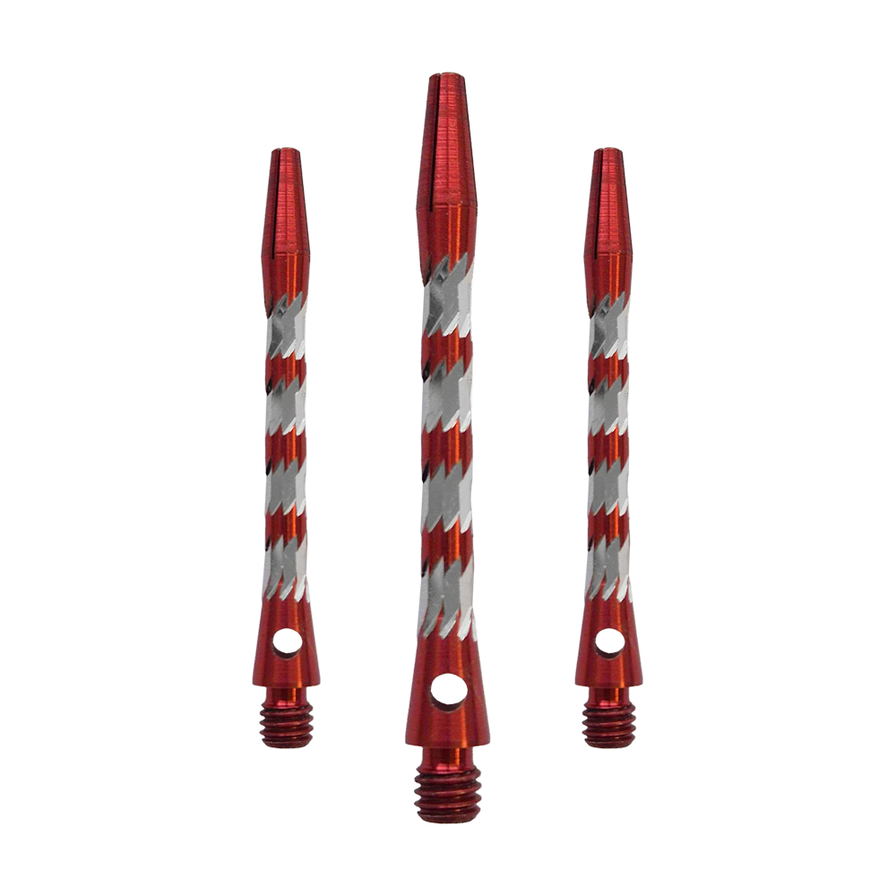 Bulls NL Minor Aluminium Shafts in Rot, 46 mm lang. Das Bild zeigt ein Set roter Aluminiumschäfte für Dartpfeile.