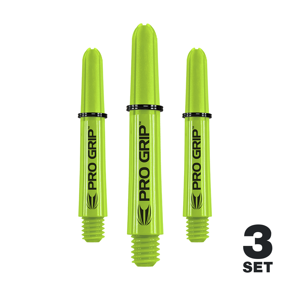 Target Pro Grip Shafts - 3 Sets - Lime Green Das Bild zeigt drei limegrüne Pro Grip Shafts für Dartpfeile. Unten rechts steht "3 Set", was anzeigt, dass es sich um ein Set mit drei Stück handelt.