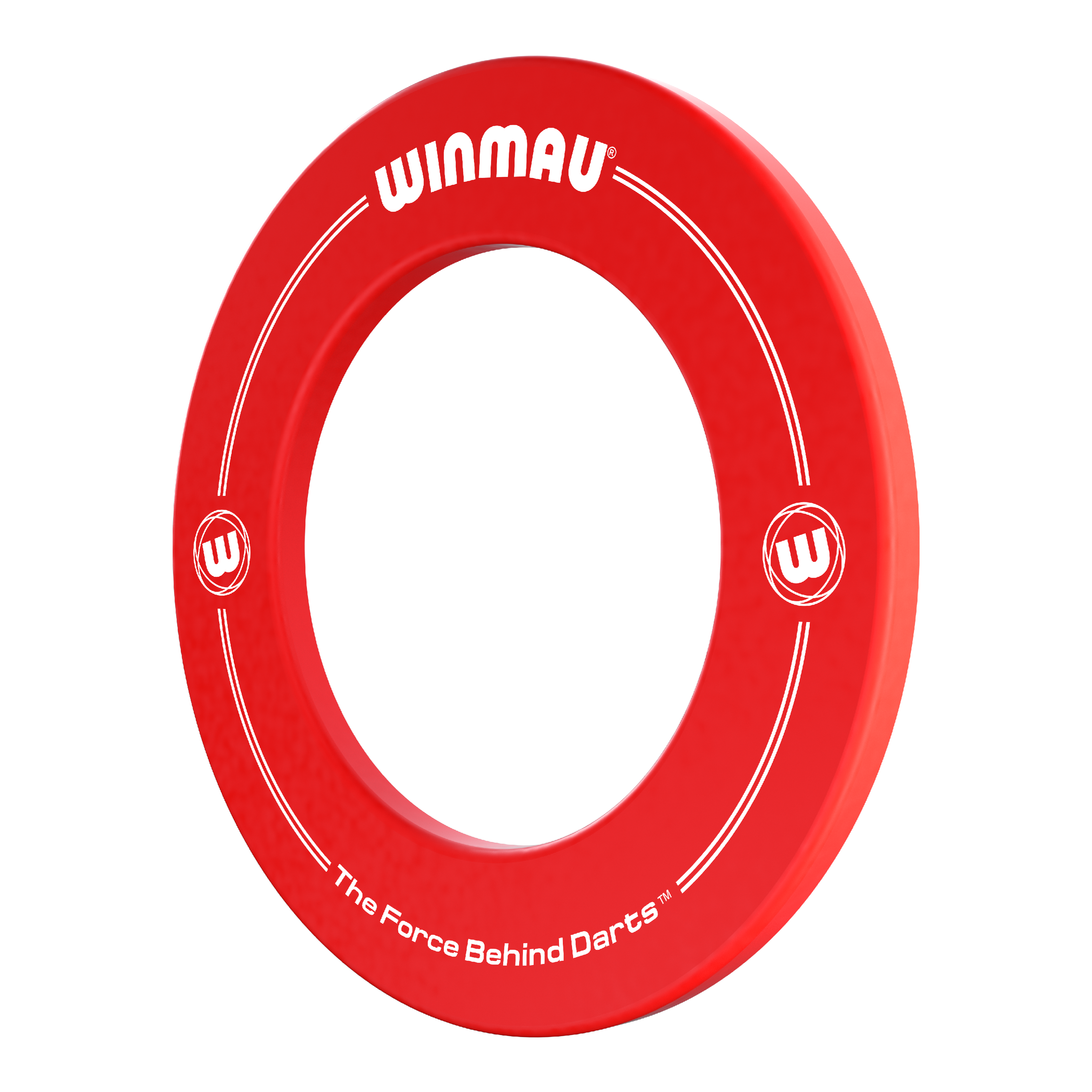 Auf dem Bild ist ein roter Dartboard-Surround von Winmau zu sehen. Darauf steht der Schriftzug „The Force Behind Darts“ sowie das Winmau-Logo.