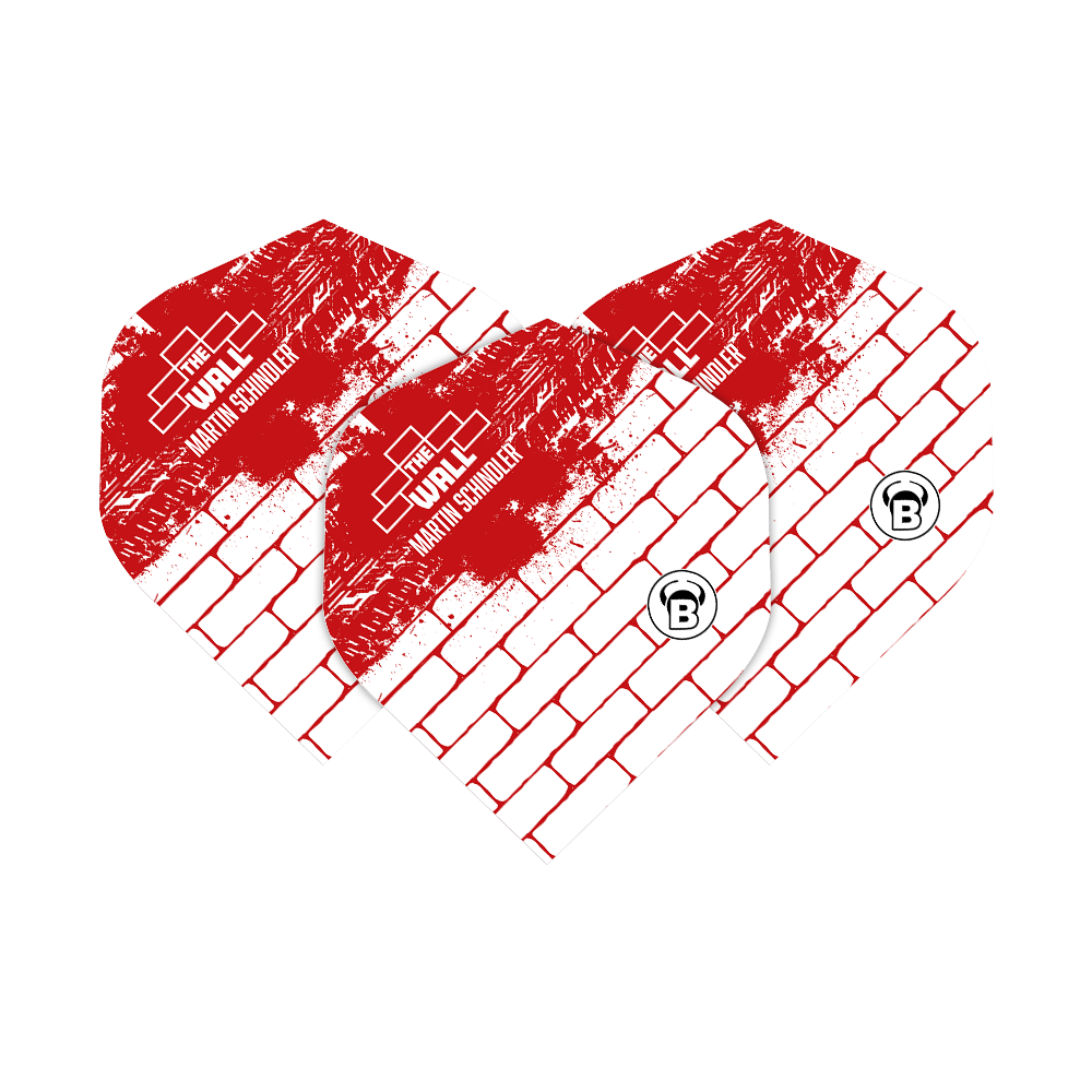 Bulls Metrixx Martin Schindler White Red No2 Standard Flights Das Bild zeigt drei Dart-Flights in weiß und rot mit Backsteinmuster. Auf den Flights steht "The Wall Martin Schindler" und unten ist ein rundes "B"-Logo.