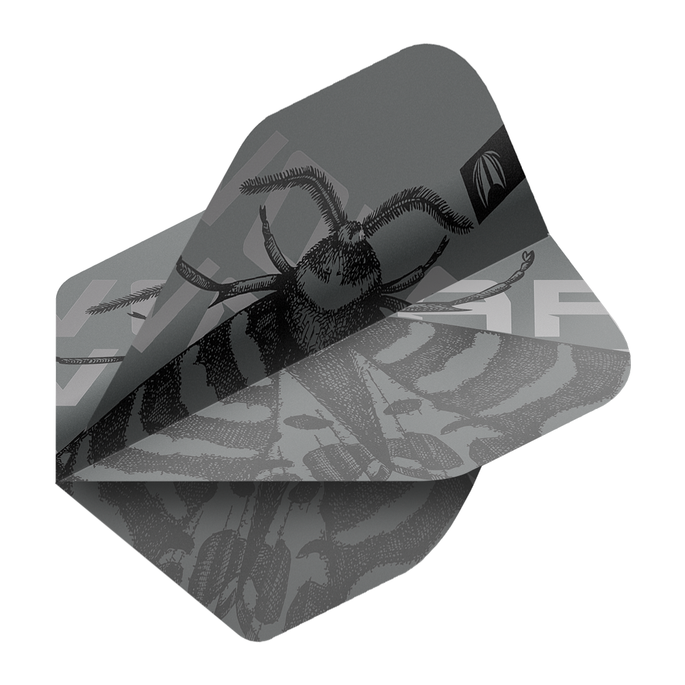 Target Pro Ultra Volar No2 Standard Flights - 3 sets Das Bild zeigt die Target Pro Ultra Volar No2 Standard Flights in einem grauen Design mit einem Insektenmotiv. Es handelt sich um drei Sets von Flights für Darts.