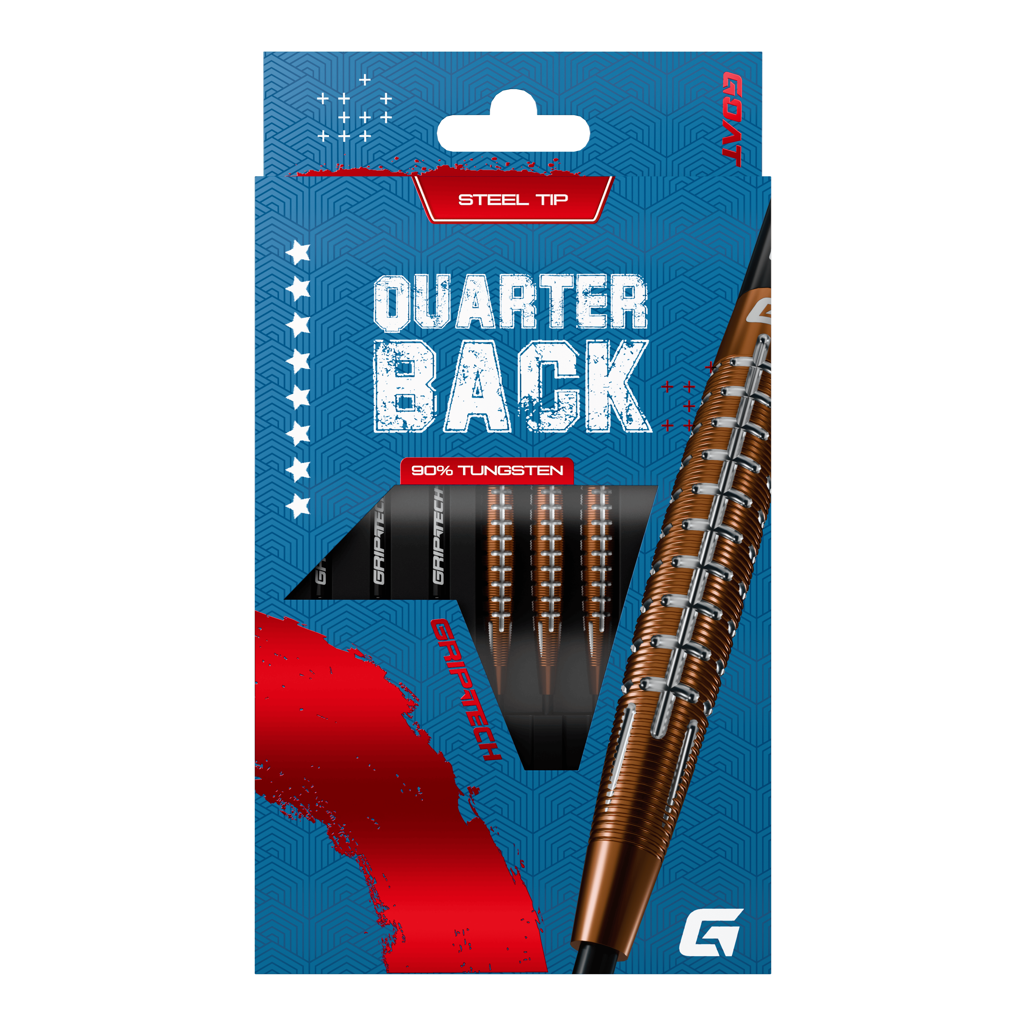 GOAT Quarterback V1 Tungsten Steel Darts Das Bild zeigt die GOAT Quarterback V1 Tungsten Steeldarts in einer blauen Verpackung. Die Darts bestehen zu 90% aus Tungsten und haben eine Stahlspitze.