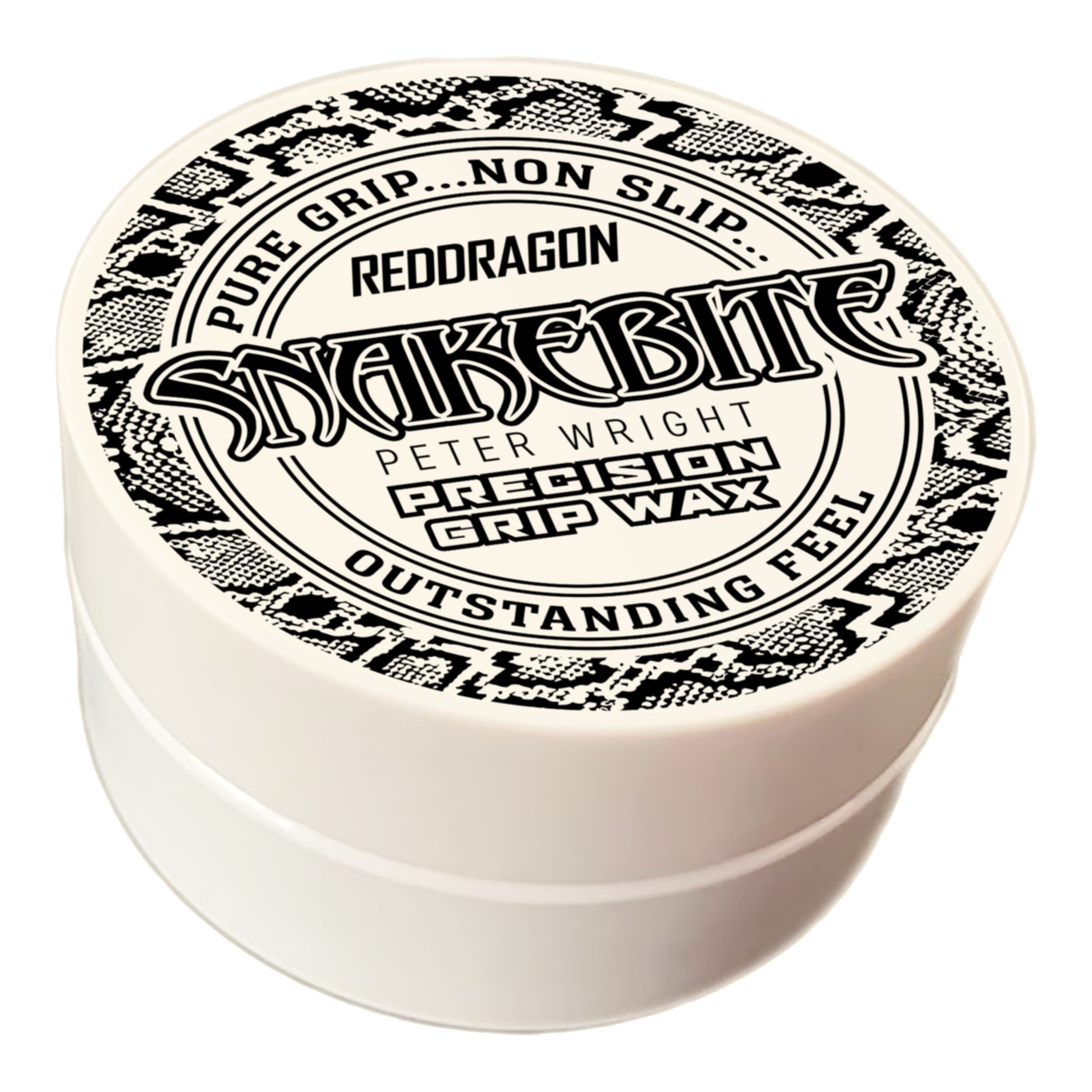 Red Dragon Peter Wright Snakebite Precision Grip Wax finger wax Das Bild zeigt eine runde Dose mit der Aufschrift "Red Dragon Peter Wright Snakebite Precision Grip Wax". Die Verpackung ist weiß mit einem schwarz-weißen Schlangenmuster und betont den festen, griffsicheren Halt.