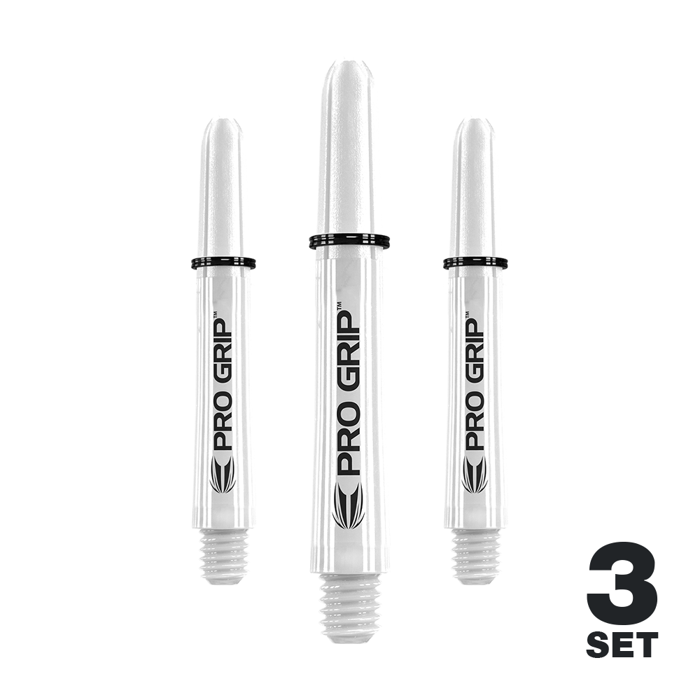Das Bild zeigt drei weiße Pro Grip Shafts für Dartpfeile. Unten rechts steht "3 Set" geschrieben.