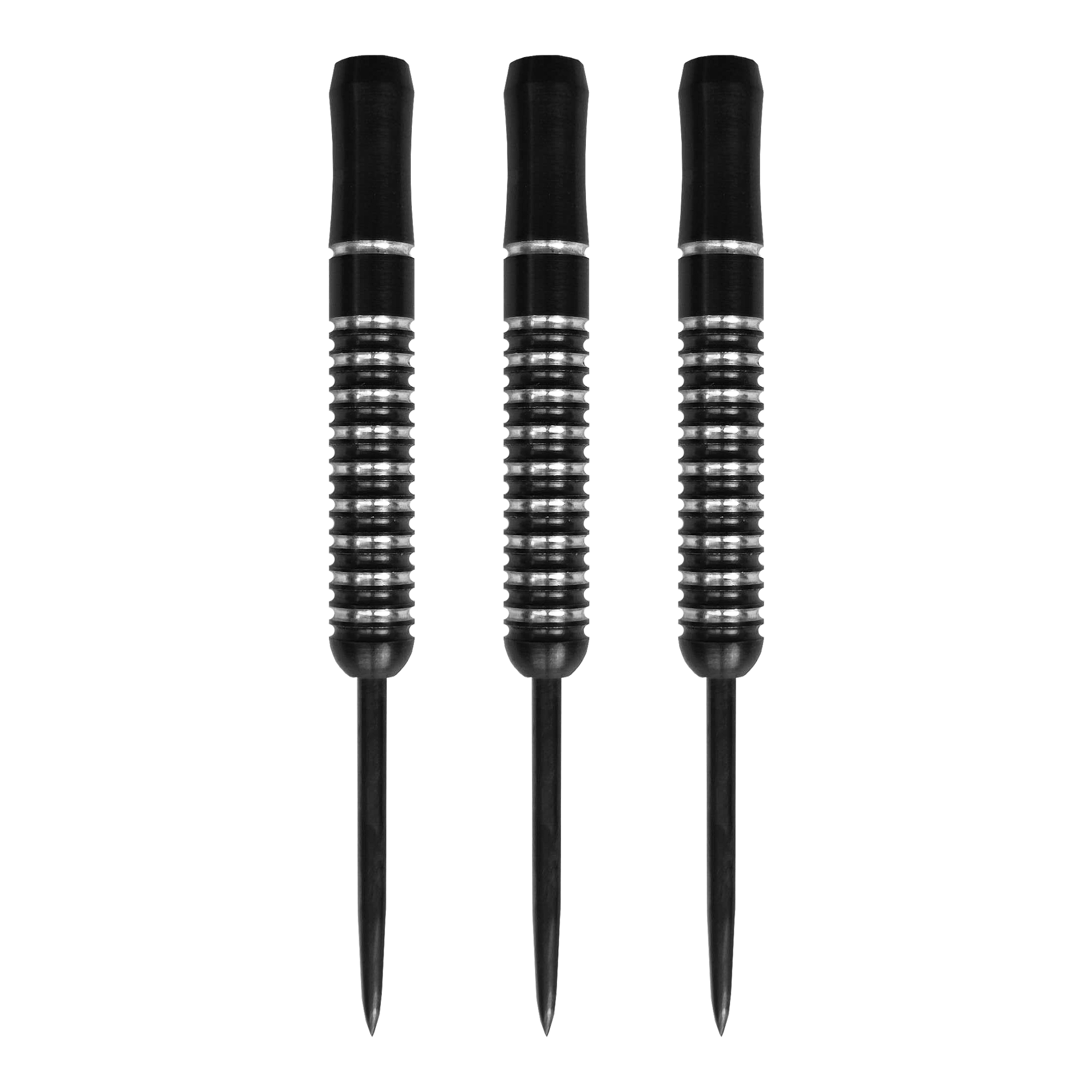 McDart Void Steeldart Barrels - 23g Auf dem Bild sind drei McDart Void Steeldart Barrels mit einem Gewicht von 23g zu sehen. Die Darts sind schwarz mit silbernen Rillen und haben eine schlichte, moderne Optik.