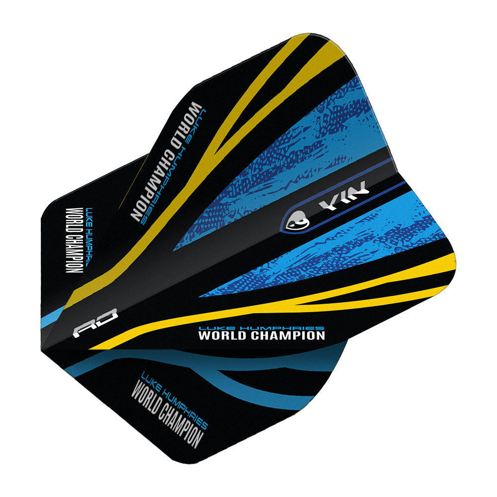 Das Bild zeigt das Produkt "Red Dragon Luke Humphries World Champion Blue Gold Yin Yang Standard Flights". Das Design ist schwarz mit blauen und goldenen Akzenten sowie der Aufschrift "WORLD CHAMPION".