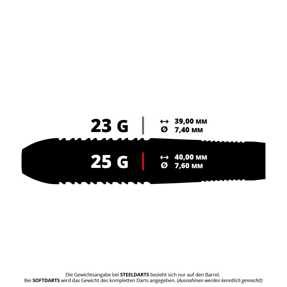 Unicorn Prodigy 02 Torpedo steel darts Das Bild zeigt die technischen Daten von Steeldarts mit 23 g und 25 g Gewicht. Es werden jeweils die Länge und der Durchmesser der Darts angegeben.
