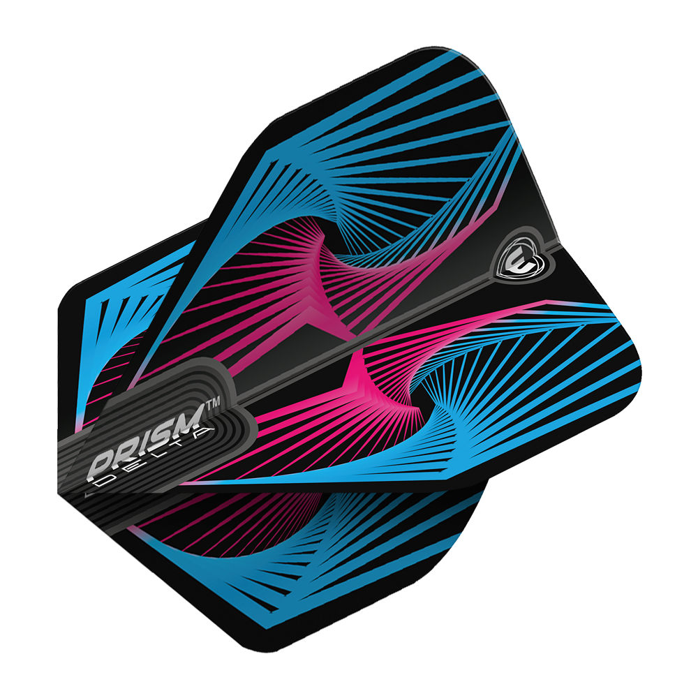 6915-239_Winmau_Prism_Delta_Spiral_BluePink_Standard_Flights_2krbwsaq6eCyTT Das Bild zeigt das Produkt "Winmau Prism Delta Spiral BluePink Standard Flight". Es hat ein schwarzes Design mit blauen und pinken spiralförmigen Linienmustern.