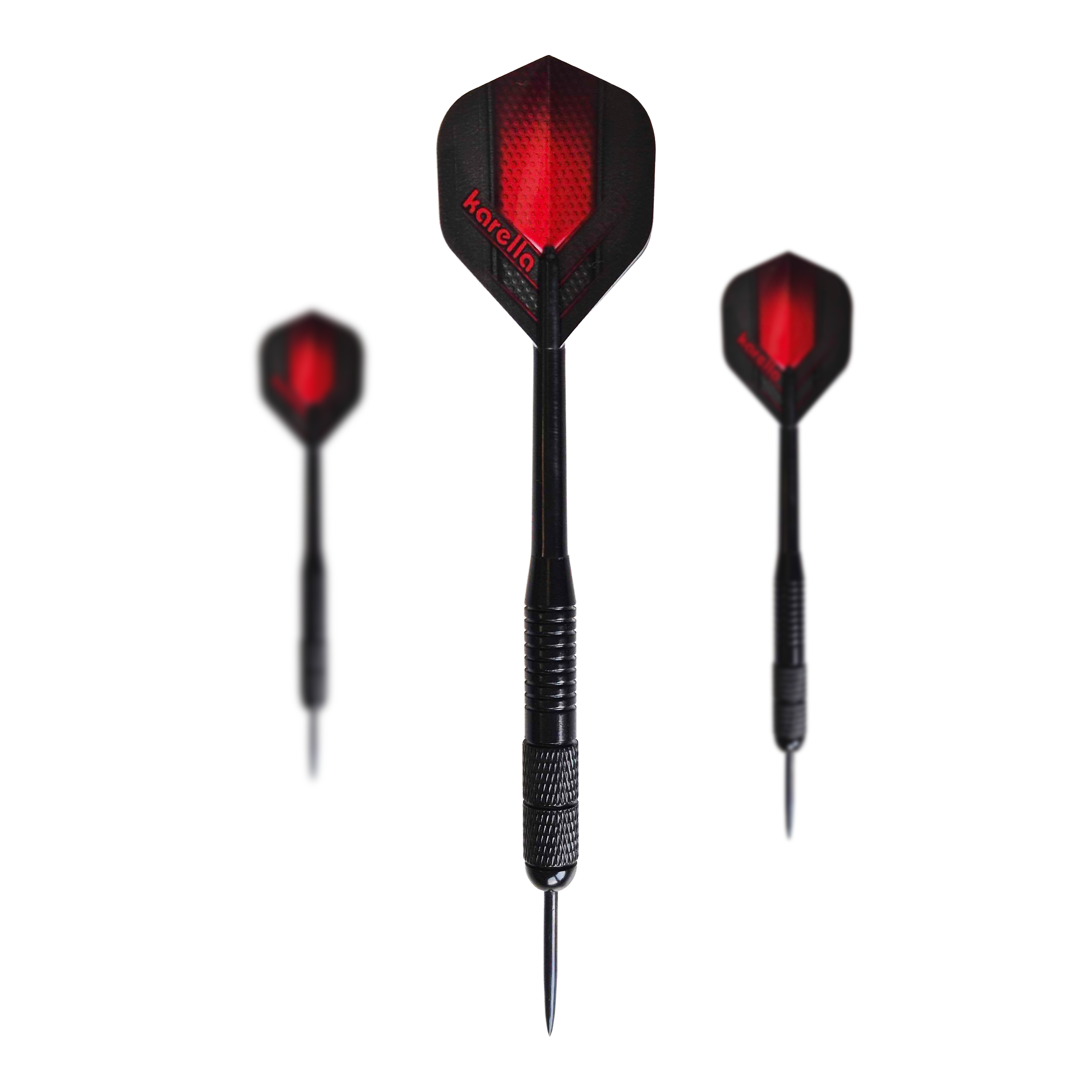 Das Bild zeigt die Karella Black Brass Steeldarts mit einem Gewicht von 21g. Es handelt sich um ein Set schwarzer Steeldarts.