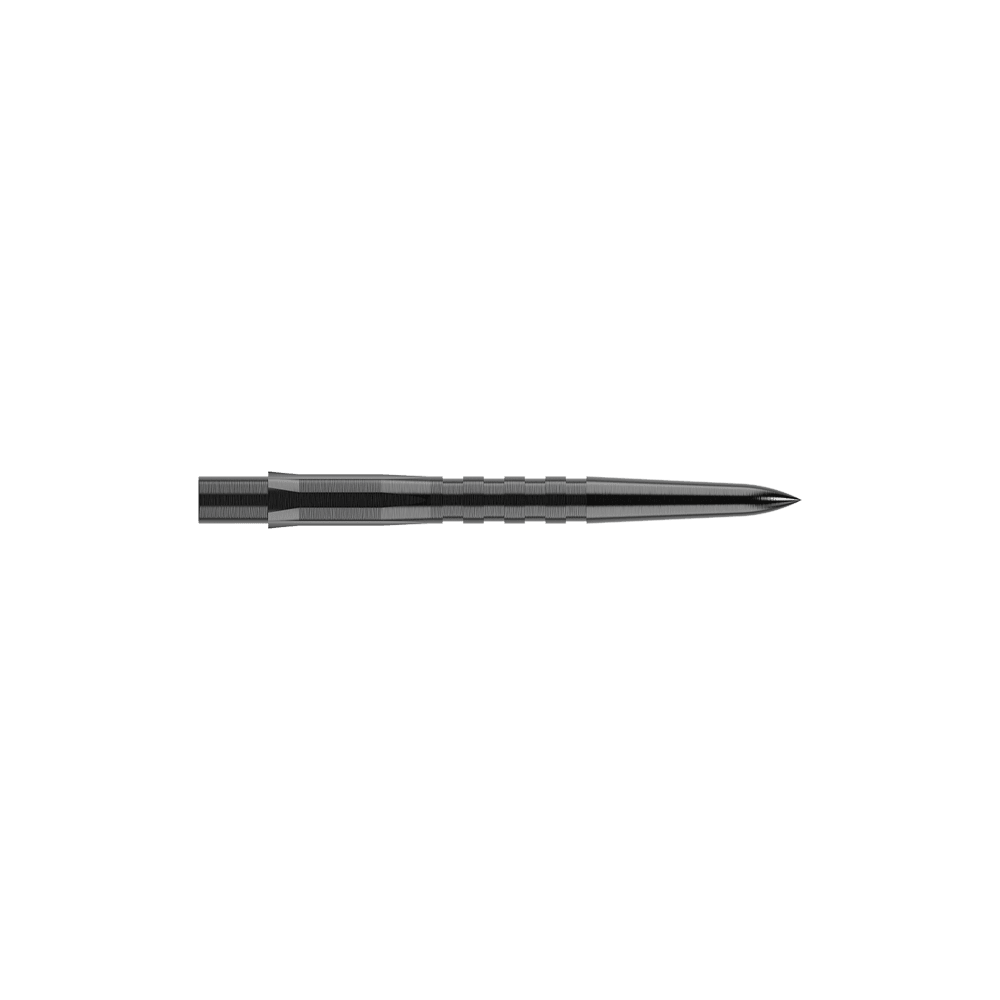 Mission Caliburn EVO Dart Tips - Grooved - Black Das Bild zeigt eine schwarze, gerillte Steeldartspitze. Sie ist schmal, lang und hat eine spitze Vorderseite.