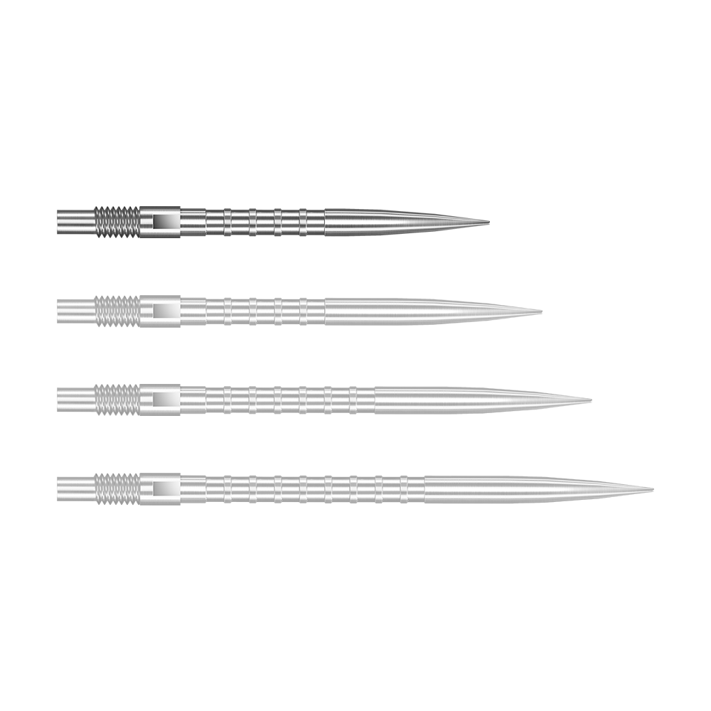 Das Bild zeigt Harrows Quick Point Heavy Metal Grip Dartspitzen in Silber mit einer Länge von 26mm. Dies ist das erste Stück der Serie.