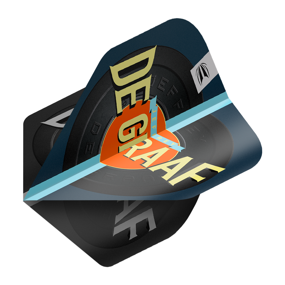 Das Bild zeigt die Target Pro Ultra Jeffrey De Graaf GEN1 No2 Standard Flights. Die Flights sind farbenfroh gestaltet und mit dem Namen "DE GRAAF" bedruckt.