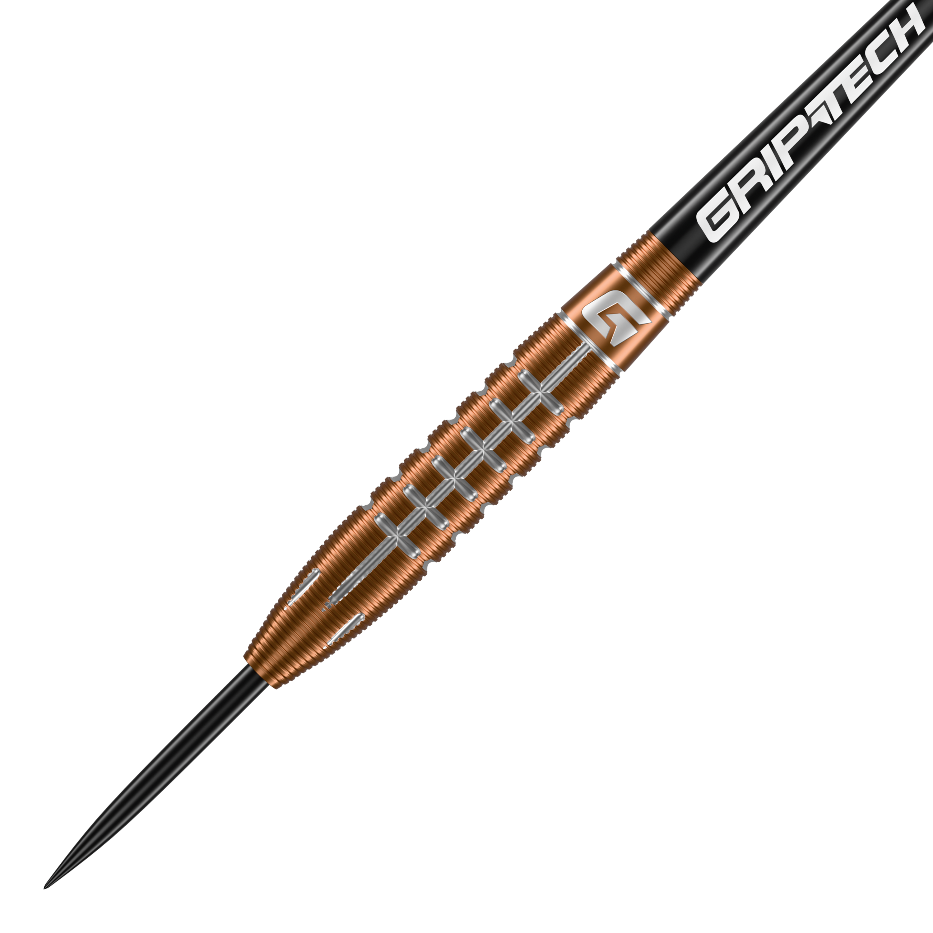 GOAT Quarterback V2 Tungsten Steel Darts - 24g Der GOAT Quarterback V2 Tungsten Steeldart wiegt 24 Gramm und hat ein auffälliges, gerilltes Design. Auf dem Schaft steht das Wort "GRIPTECH" geschrieben.