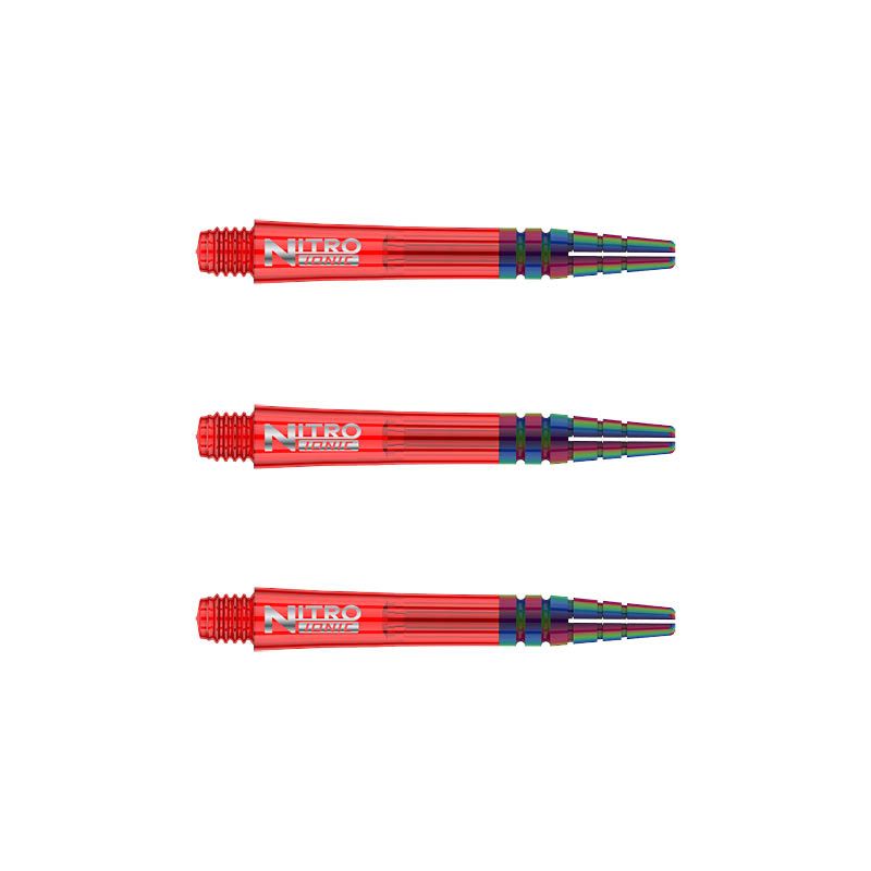 C602_Nitro_Ionic_Short_Red_Shafts Das Bild zeigt drei rote RedDragon Nitrotech Ionic Shafts, die parallel zueinander liegen. Die Dartschäfte haben ein glänzendes Design mit silbernem Schriftzug und farbigen Akzenten am Ende.