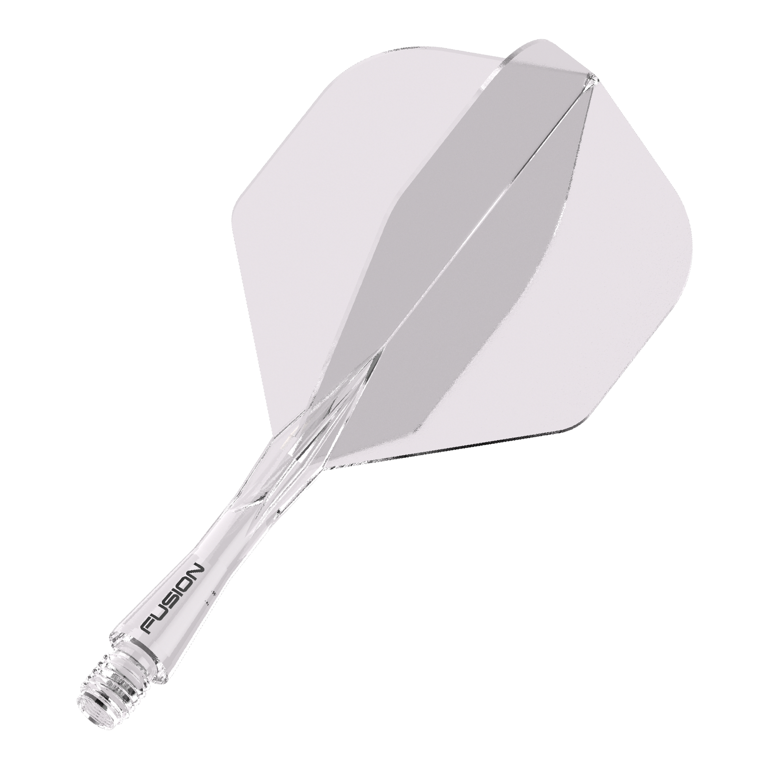 Winmau Fusion Flight Shaft System Standard Clear Das Bild zeigt ein durchsichtiges Dartflight- und Shafts-System. Auf dem Schaft steht das Wort "FUSION".