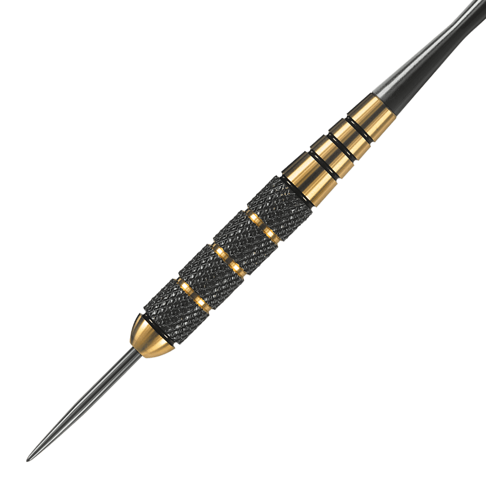 HA005116_Harrows_Voodoo_Brass_Steeldarts_2 Das Bild zeigt einen Harrows Voodoo Brass Steeldart. Der Dartpfeil hat eine schwarze und goldene Griffstruktur mit einer scharfen Spitze aus Metall.