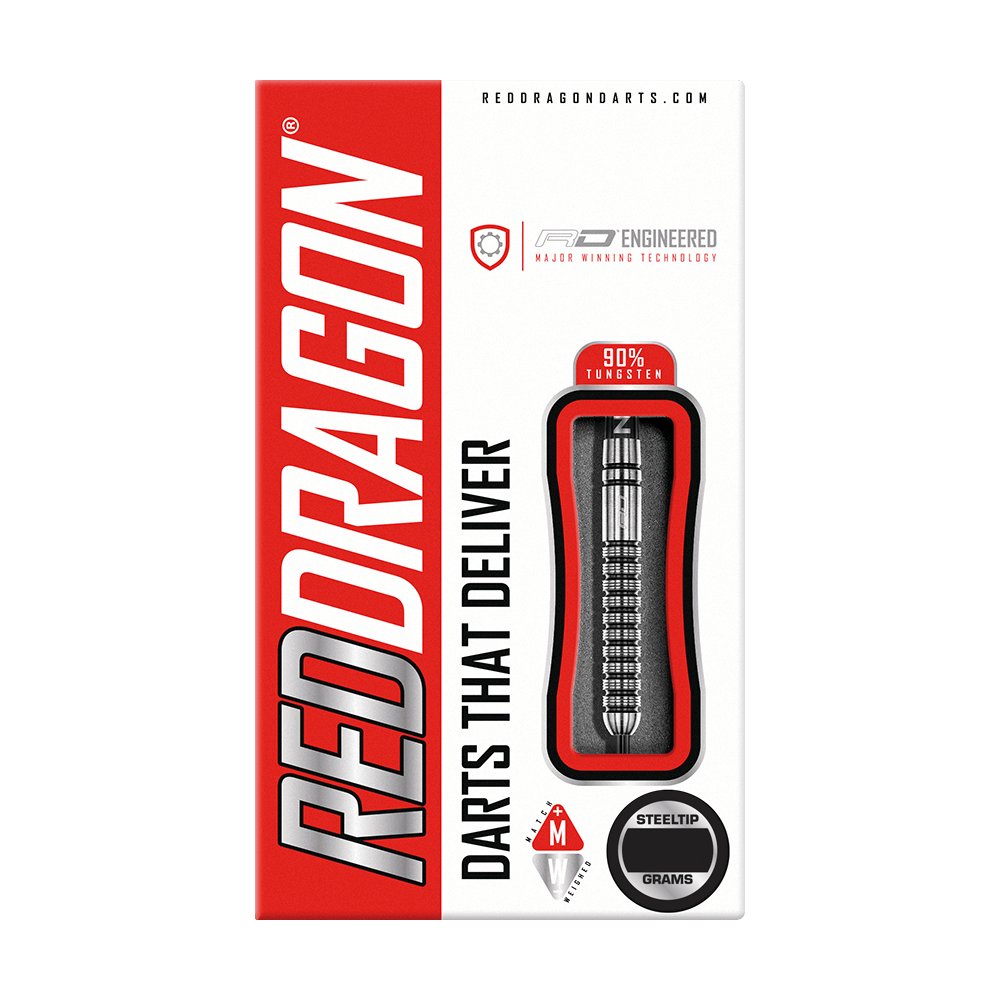 RD2554_Red_Dragon_Gian_Van_Veen_Steeldarts_3 Die Verpackung zeigt die Red Dragon Gian Van Veen Steeldarts mit einem Gewicht von 21 Gramm. Die Darts bestehen zu 90 % aus Wolfram und sind mit einer Steeltip-Spitze ausgestattet.