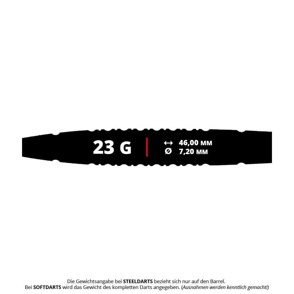 Das Bild zeigt die Produkteigenschaften der Caliburn Sword S3 Steeldarts mit einem Gewicht von 23 Gramm. Die Länge beträgt 46,00 mm und der Durchmesser 7,20 mm.