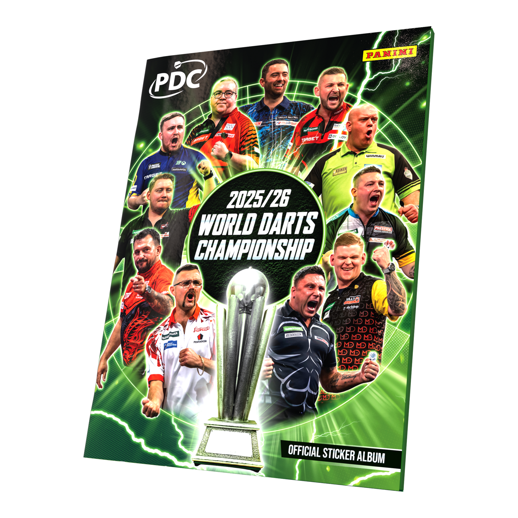 Panini PDC World Darts Championship 2025/26 - Offizielles Sticker-Sammelalbum als Softcover zu sehen. Das Sammelalbum ist für die Kollektion von Panini-Stickern rund um die Weltmeisterschaft gedacht.