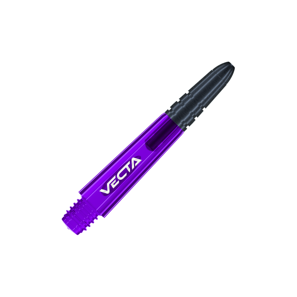 Dies ist ein lila und schwarzer Dart-Shaft mit der Aufschrift "VECTA". Der Shaft hat ein modernes, sportliches Design und misst 34 mm.
