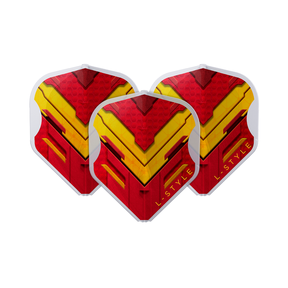 Das Bild zeigt drei Dart-Flights der Marke L-Style in den Farben Rot, Gelb und Weiß. Auf den Flights ist ein auffälliges, geometrisches Muster mit dem Schriftzug "L-STYLE" zu sehen.