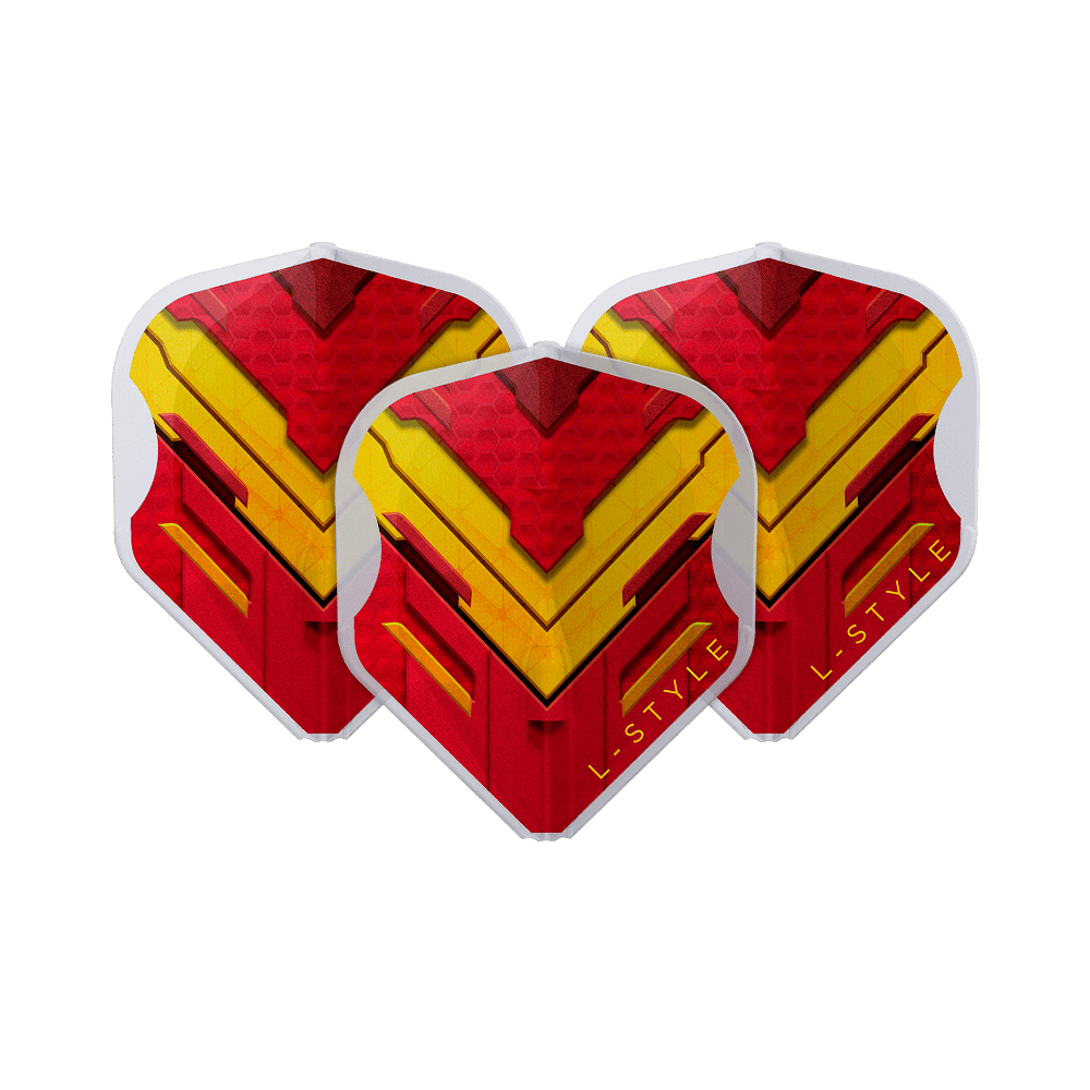 L-Style V-Series V1 Type A Spain Clear White L1EZ Flights Das Bild zeigt drei Dart-Flights der Marke L-Style in den Farben Rot, Gelb und Weiß. Auf den Flights ist ein auffälliges, geometrisches Muster mit dem Schriftzug "L-STYLE" zu sehen.