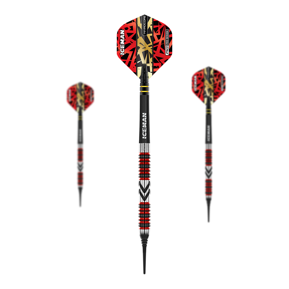 Red Dragon Gerwyn Price Firebird Soft Darts - 20g Das Bild zeigt drei Softdarts des Modells "Red Dragon Gerwyn Price Firebird - 20g". Die Darts haben rote Flights mit schwarzem und goldfarbenem Muster sowie silberne und rote Ringe am Barrel.