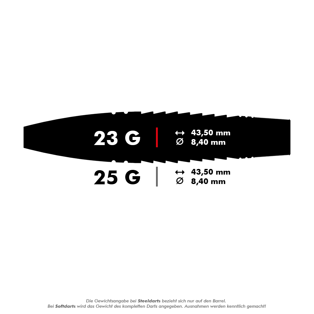 190222_Target_Scott_Williams_GEN1_Swiss_Point_Steeldarts_5_23g Das Bild zeigt die Produktinformationen für die Target Scott Williams GEN1 Swiss Point Steeldarts. Die Darts sind in 23 g und 25 g erhältlich und haben eine Länge von 43,50 mm sowie einen Durchmesser von 8,40 mm.