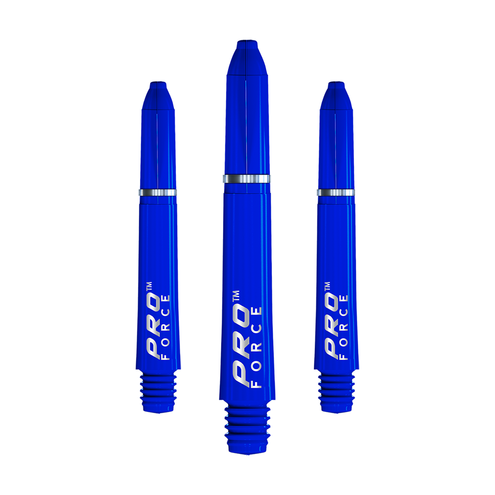 Das Bild zeigt drei blaue Winmau Pro-Force Shafts für Dartpfeile. Auf jedem Shaft steht in weißer Schrift "PRO FORCE".