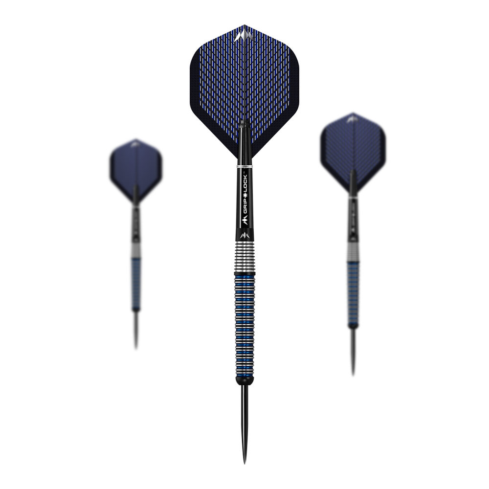Mission Nightfall Model 3 steel darts Das Bild zeigt drei Steeldarts des Modells "Mission Nightfall Model 3". Die Darts haben blaue Flights und ein silber-blau gestreiftes Barrel.