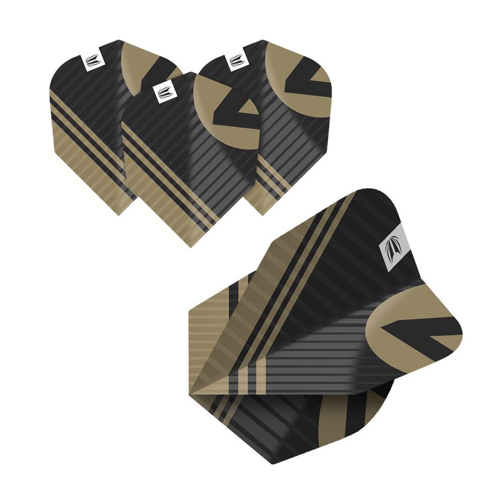 337205_Target_ProUltra_5Sets_Multipack_Chicane_No6_Flights_6Yvb1hKSPJGoUs Das Bild zeigt fünf Sätze Target Pro Ultra Chicane No6 Flights. Die Flights sind schwarz und gold mit einem modernen, gestreiften Design.