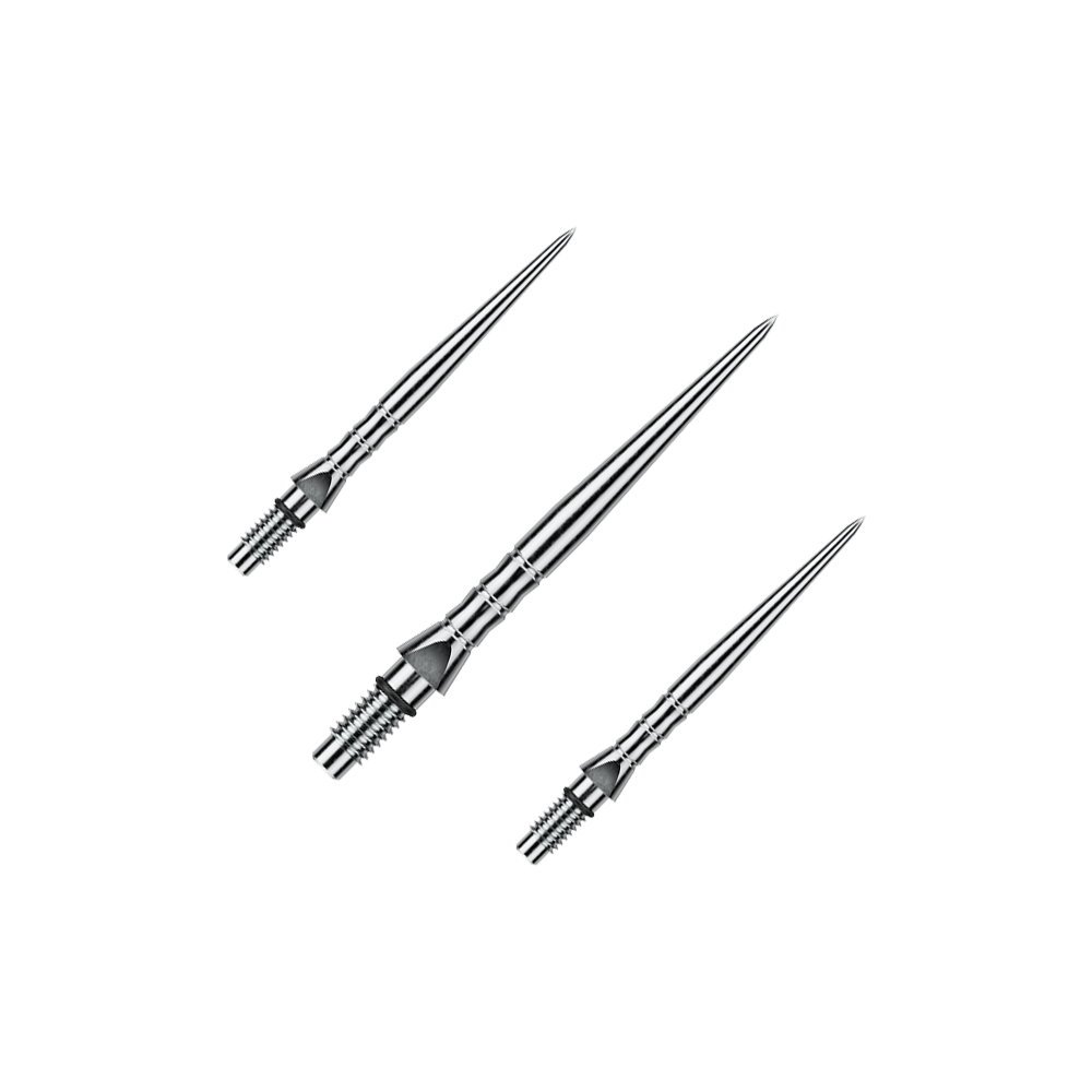 Abgebildet sind Winmau Switch Point Wave Silver Effect Steeldartspitzen mit 26 mm Länge als Set. Die Steeldartspitzen sind im silbernen Wellendesign gestaltet.