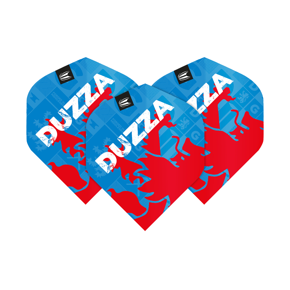 Das Bild zeigt drei Dart-Flights mit dem Namen "DUZZA" in weißer Schrift. Die Flights sind überwiegend blau und rot gestaltet und tragen das Logo von Target.