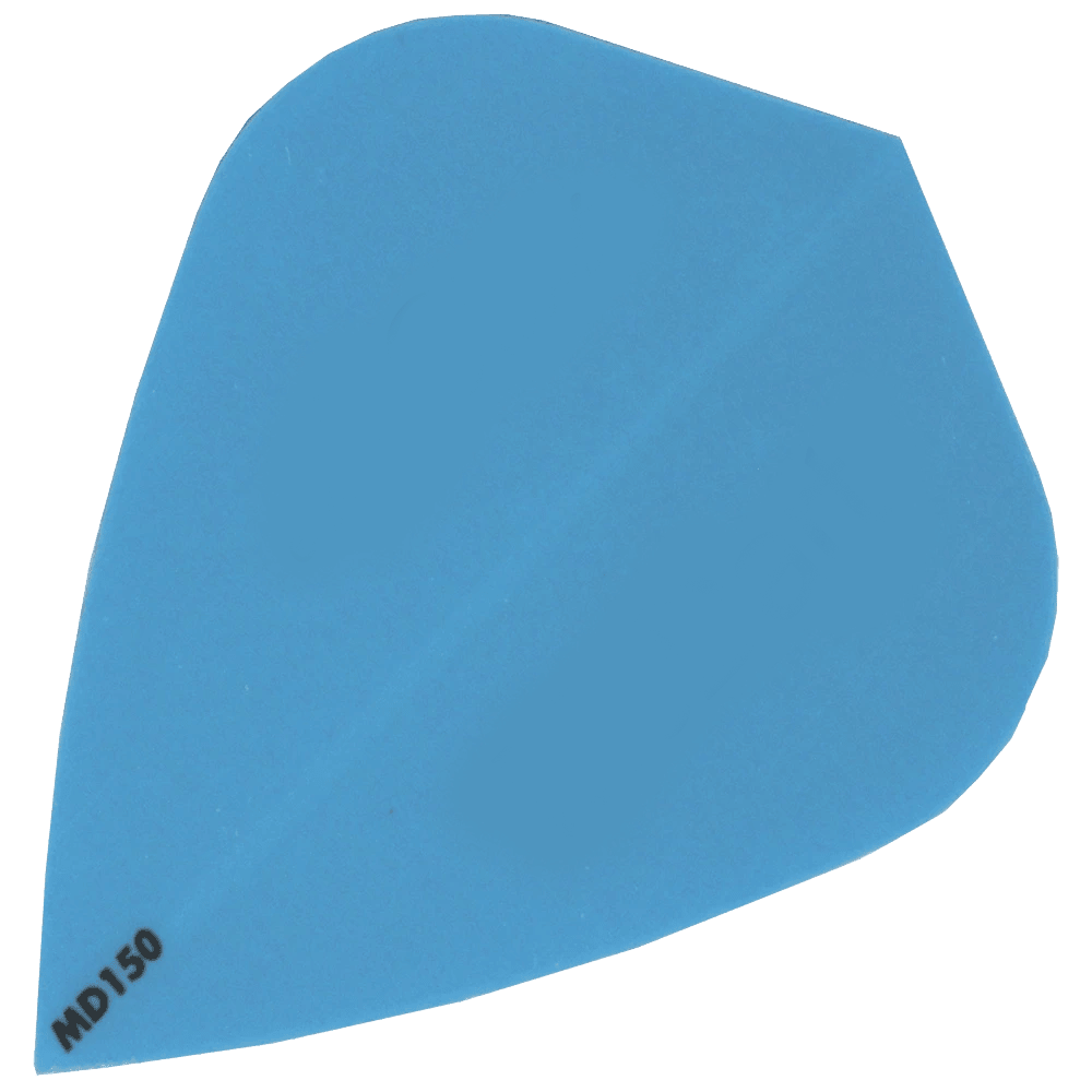 Das Bild zeigt ein blaues Dart-Flugblatt mit der Bezeichnung "MD150" in der Ecke. Es handelt sich um das Produkt "McDart MD150 - Kite Flight".