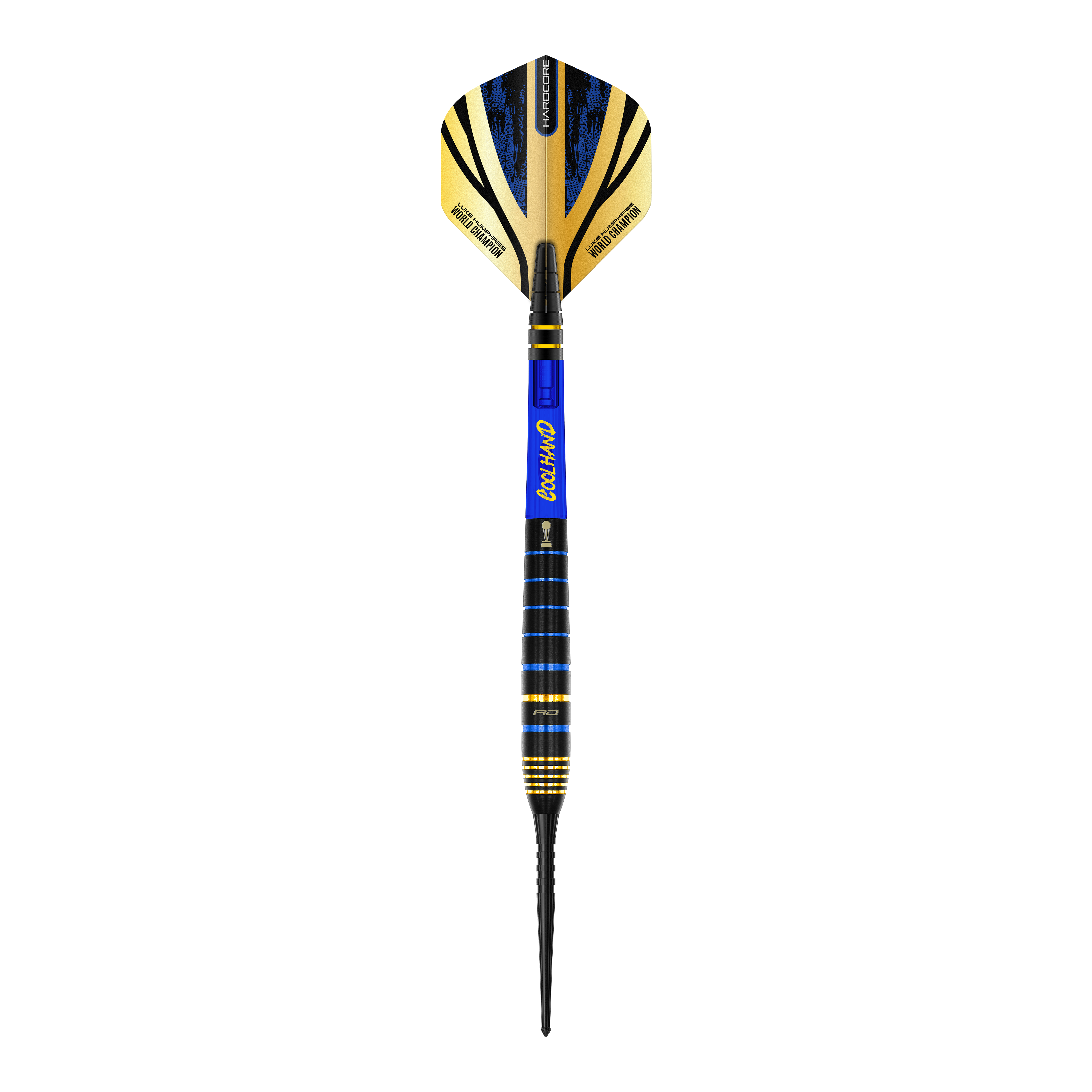 Red Dragon Luke Humphries TX4 Avenger steel darts Das Bild zeigt einen Red Dragon Luke Humphries TX4 Avenger Steeldart. Der Dart hat schwarze, blaue und goldene Farbakzente sowie einen auffälligen Flight.