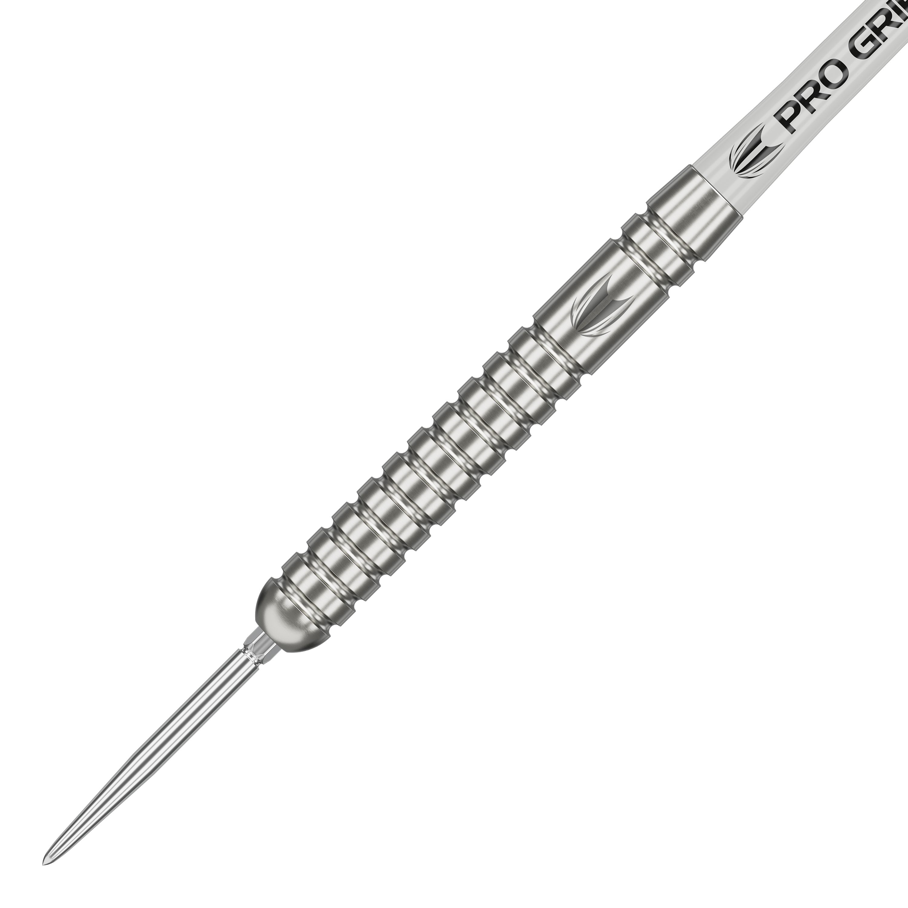 Das Bild zeigt einen silbernen Steeldart mit gerilltem Griff und spitzer Metallspitze. Auf dem Schaft steht "PRO GRIP" geschrieben.