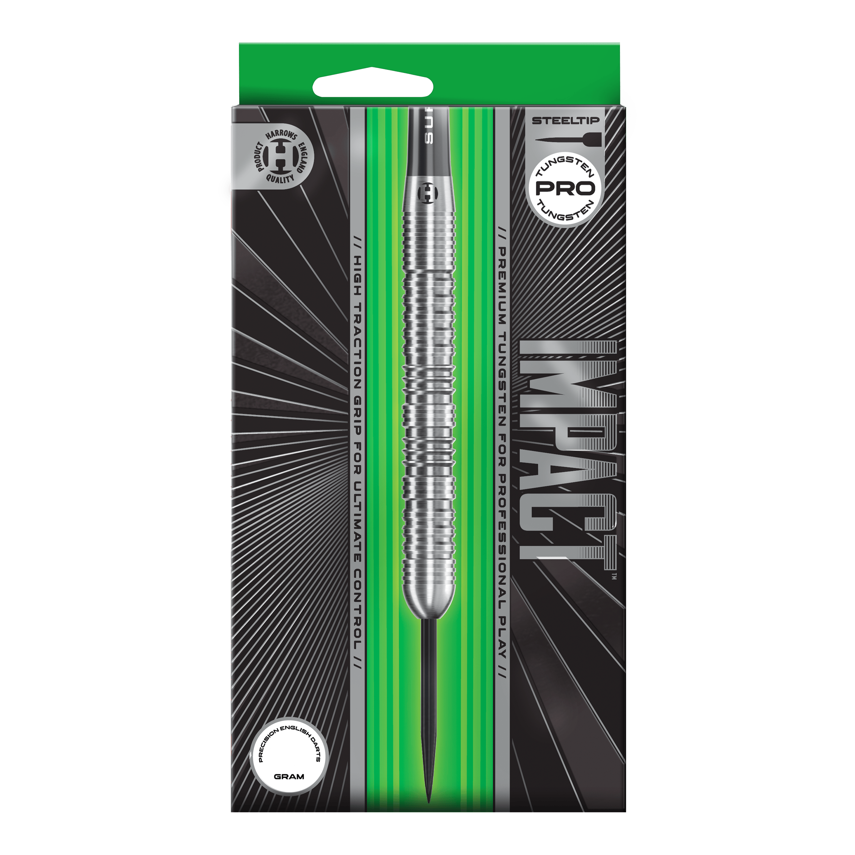 Harrows Impact Steel Darts Abgebildet sind Harrows Impact Steeldarts aus einer anderen Perspektive. Die Darts wirken robust und professionell.
