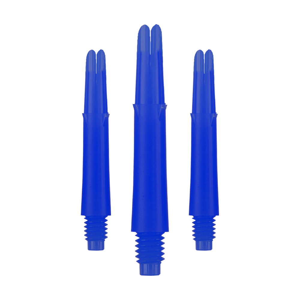 L-L-Style-Shafts Locked Straight - Blue Auf dem Bild sind drei blaue Dartschäfte in unterschiedlicher Höhe zu sehen. Sie haben ein gerades Design und ein Gewinde am unteren Ende.