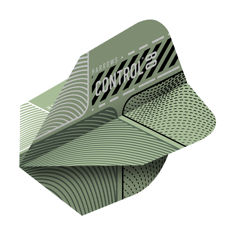 Harrows Prime Control No6 Flights Das Bild zeigt das Produkt "Harrows Prime Control No6 Flights". Die Flights haben ein modernes, grafisches Design in verschiedenen Grüntönen.