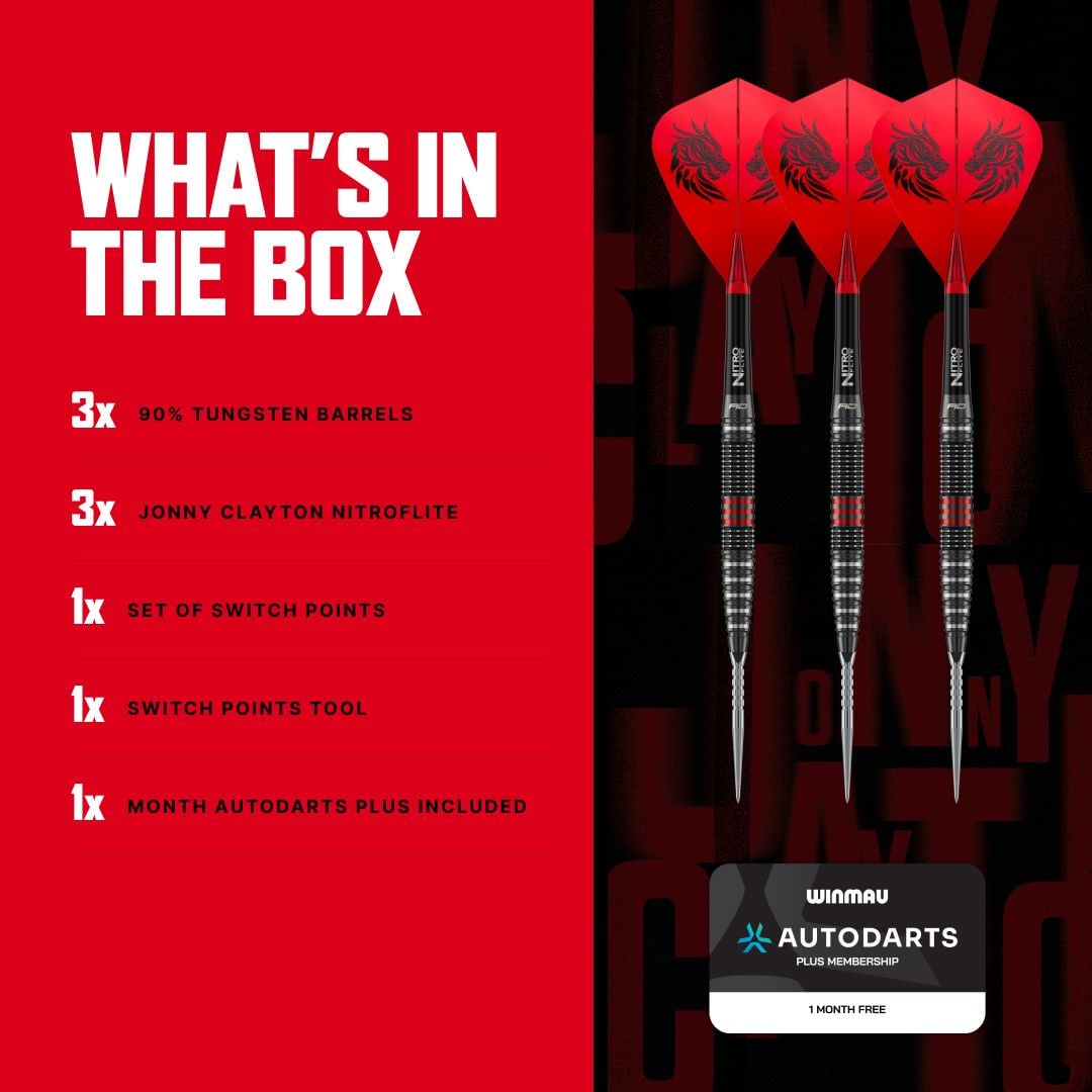 Red Dragon Jonny Clayton RD-PRO Switch Point Steel Darts Die Aufnahme zeigt Red Dragon Jonny Clayton RD-PRO Switch Point Steeldarts aus einer anderen Perspektive. Die feine Struktur und Form der Darts ist erkennbar.