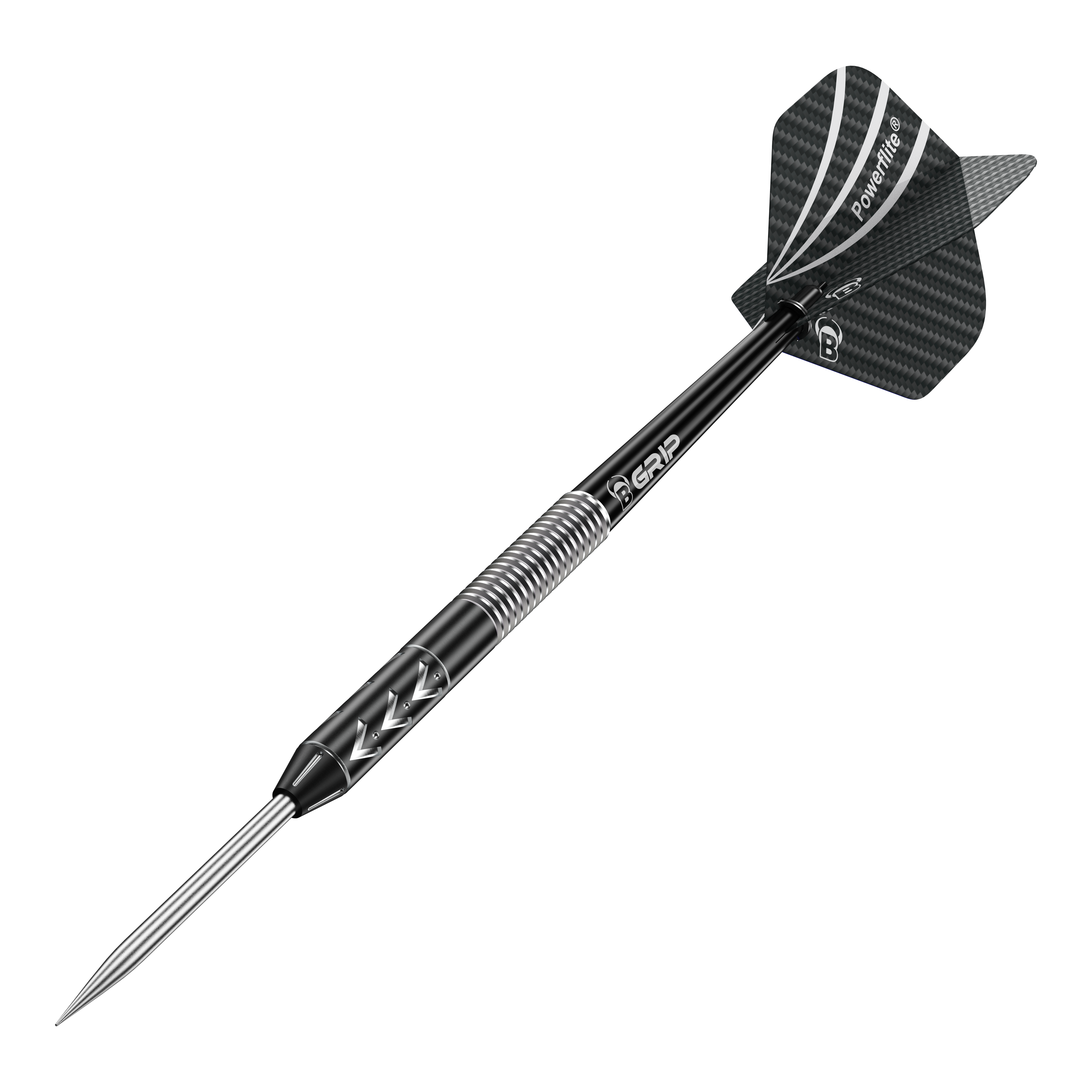 Das Bild zeigt einen Bulls Challenger Arno Merk Steeldart mit einem Gewicht von 22g. Der Dart ist überwiegend schwarz mit einem silbernen Griffbereich und einer schwarzen Flight.