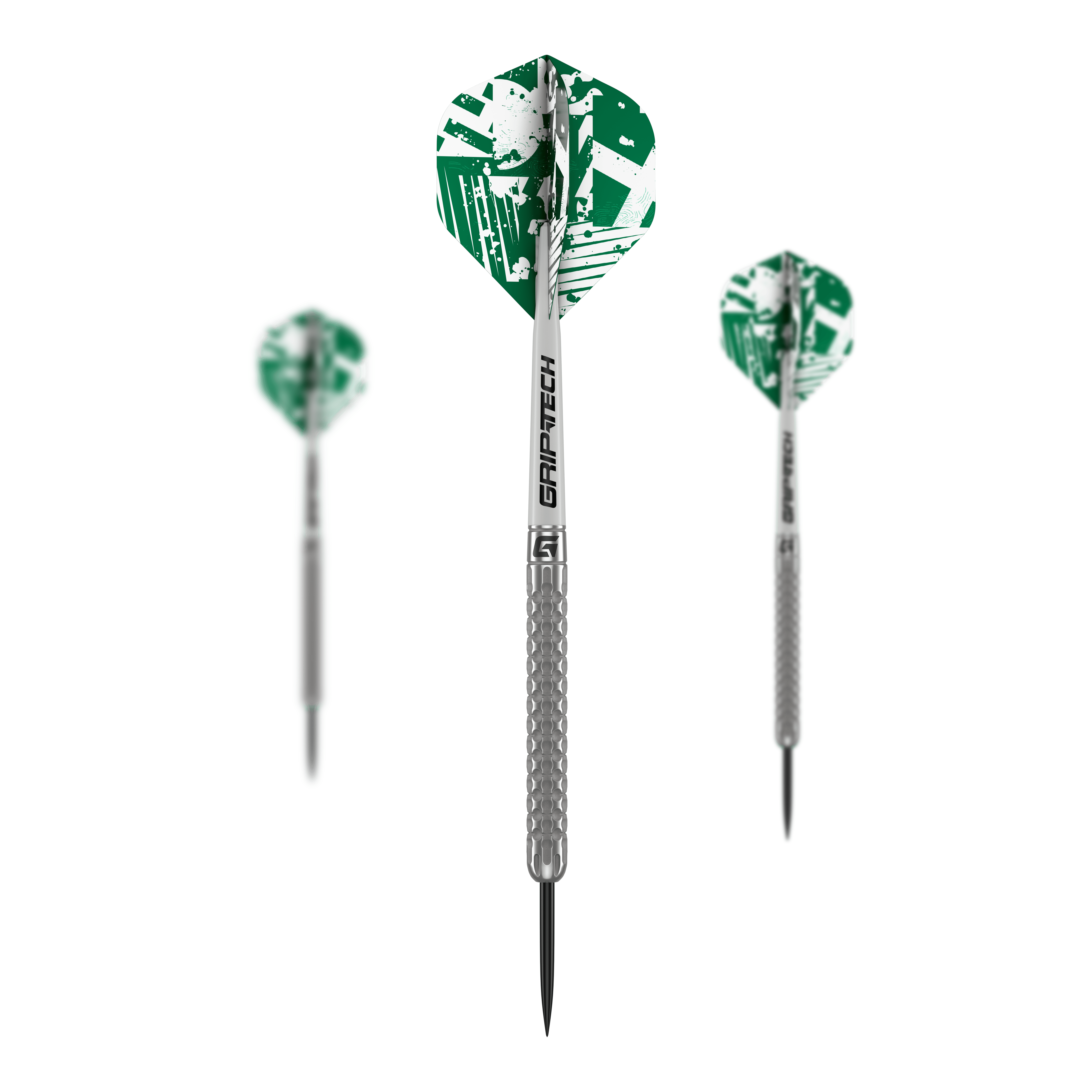 GOAT Fairway V1 Tungsten Steel Darts Das Bild zeigt drei GOAT Fairway V1 Tungsten Steeldarts mit grünen und weißen Flights. Die Darts haben silberne Griffe mit strukturiertem Muster und schwarzer Spitze.