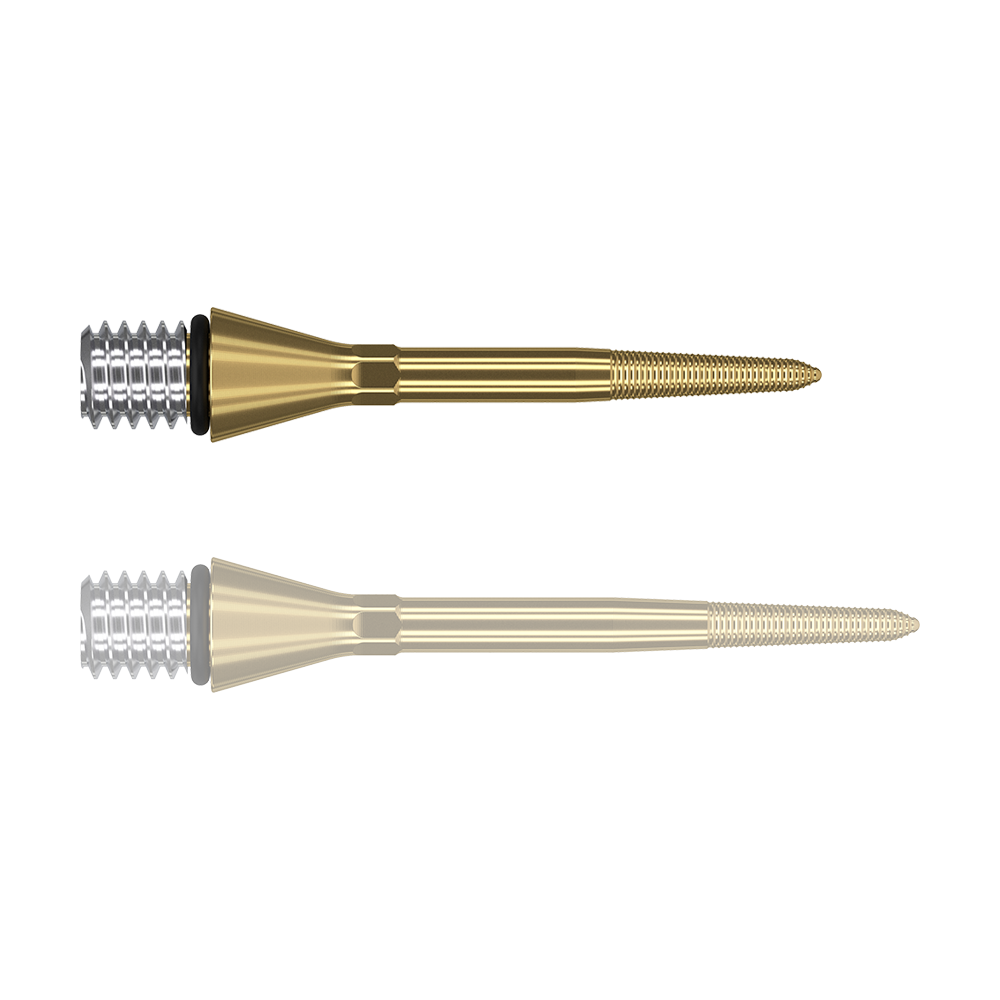 Das Bild zeigt zwei goldene Swiss Point Nano Conversion Points von Target. Sie haben eine schlanke, spitze Form und ein silbernes Schraubgewinde am Ende.