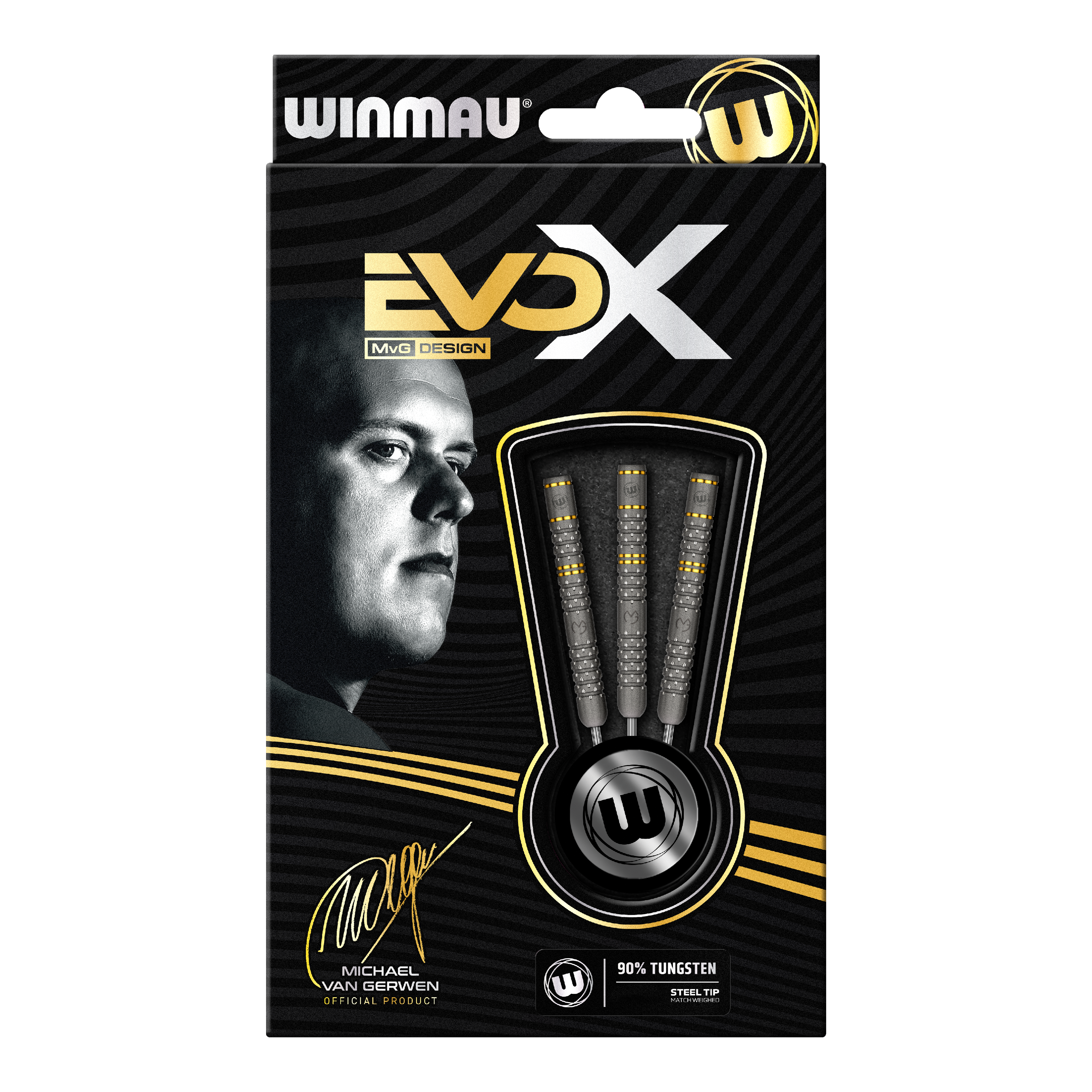 Winmau Michael Van Gerwen Evo-X steel darts Die Verpackung zeigt die "Winmau Michael Van Gerwen Evo-X Steeldarts" mit stilvollem Design und prominenter Abbildung von Michael Van Gerwen. In der Packung sind drei Steeldarts mit 90% Tungsten-Anteil sichtbar.