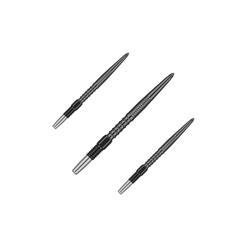 Target Swiss Firepoint Black dart tips Das Bild zeigt drei schwarze Dartspitzen, die nebeneinander angeordnet sind. Sie sind schmal und haben ein geripptes Design für besseren Halt.