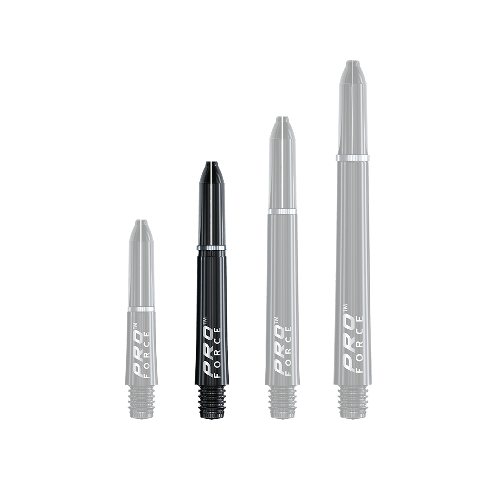 7011_101_Winmau_Pro-Force_Shafts_Schwarz_35mm_1 Auf dem Bild sind vier schwarze Winmau Pro-Force Shafts in unterschiedlichen Längen zu sehen. Sie sind zur Verwendung für Dartpfeile gedacht und haben ein modernes, glänzendes Design.