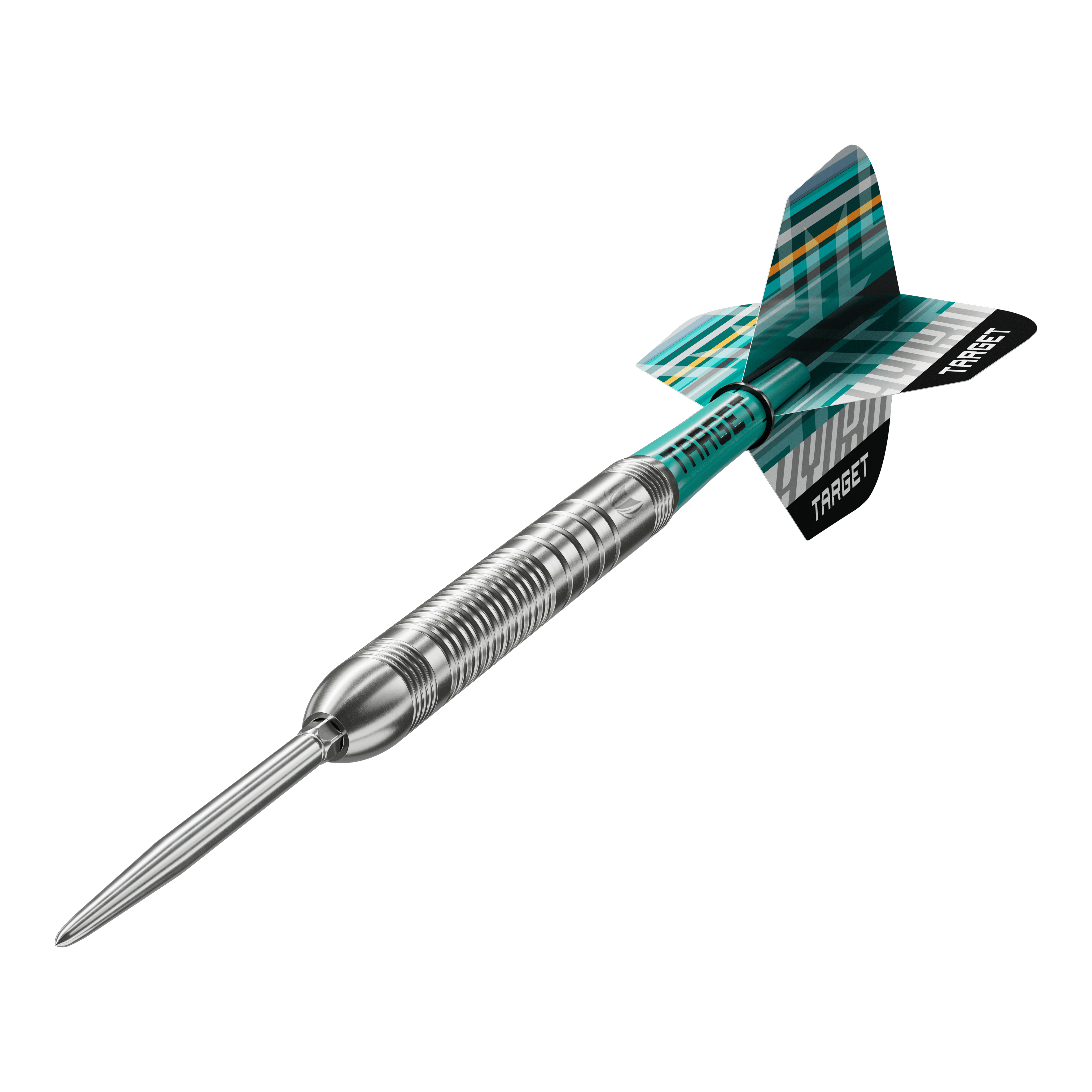 Target Hydro 03 Swiss Point steel darts Die Target Hydro 03 Swiss Point Steeldarts sind auf dem Bild zu sehen. Die Nahaufnahme hebt die Details der Darts hervor.