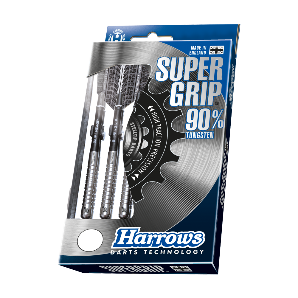 HA11650-Harrows-Supergrip-90-Tungsten-Steeldarts-3-4-Plastikbox Das Bild zeigt eine Verpackung der "Harrows Supergrip 90% Tungsten Steeldarts". In der Schachtel sind drei silberne Steeldarts mit einem hohen Wolframanteil zu sehen.