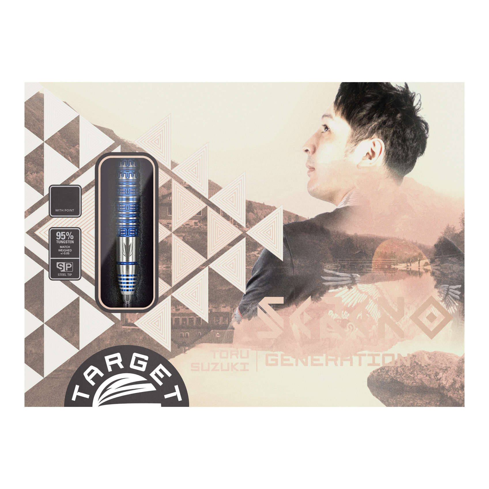 Die Verpackung zeigt die Steeldarts "Target Japan Toru Suzuki Sereno GEN1 Swiss Point" mit einem Gewicht von 21g. Auf der rechten Seite ist eine Porträtaufnahme eines Mannes abgebildet.